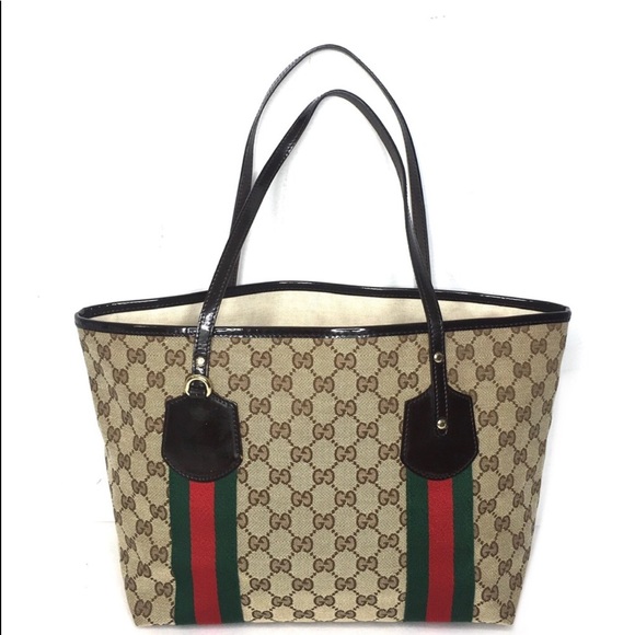 Authentic Gucci brown monogram canvas tote ribbon accents - Picture 2 of 16